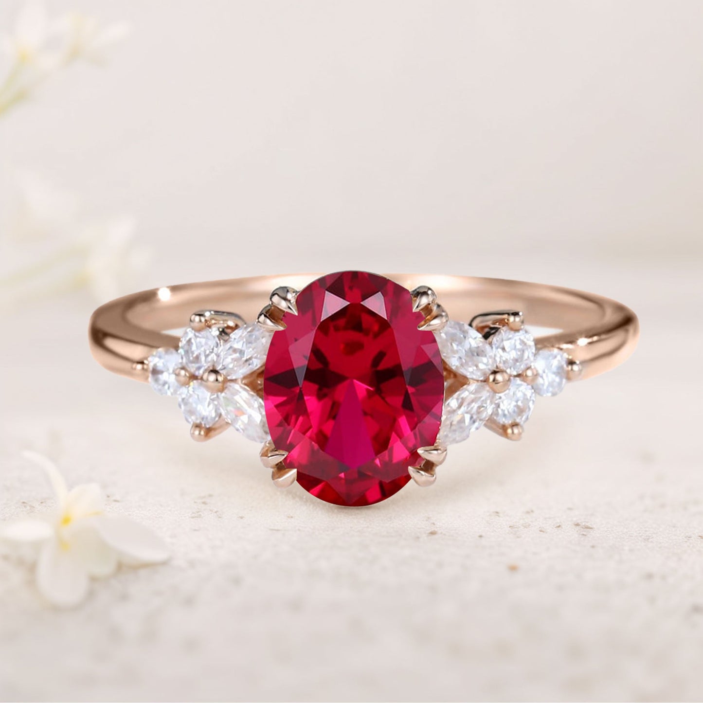 Unique Oval Lab Ruby Blossom Engagement Ring