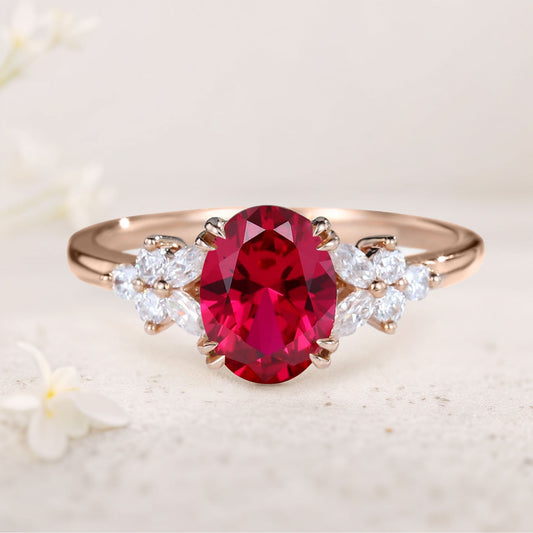 Unique Oval Lab Ruby Blossom Engagement Ring