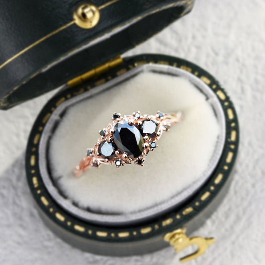 Unique Briar Rose Three Stone Oval Black Moissanite Ring