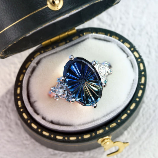 Unique Enchanted Moon Starbrite Cut Oval Blue Lab Sapphire Ring