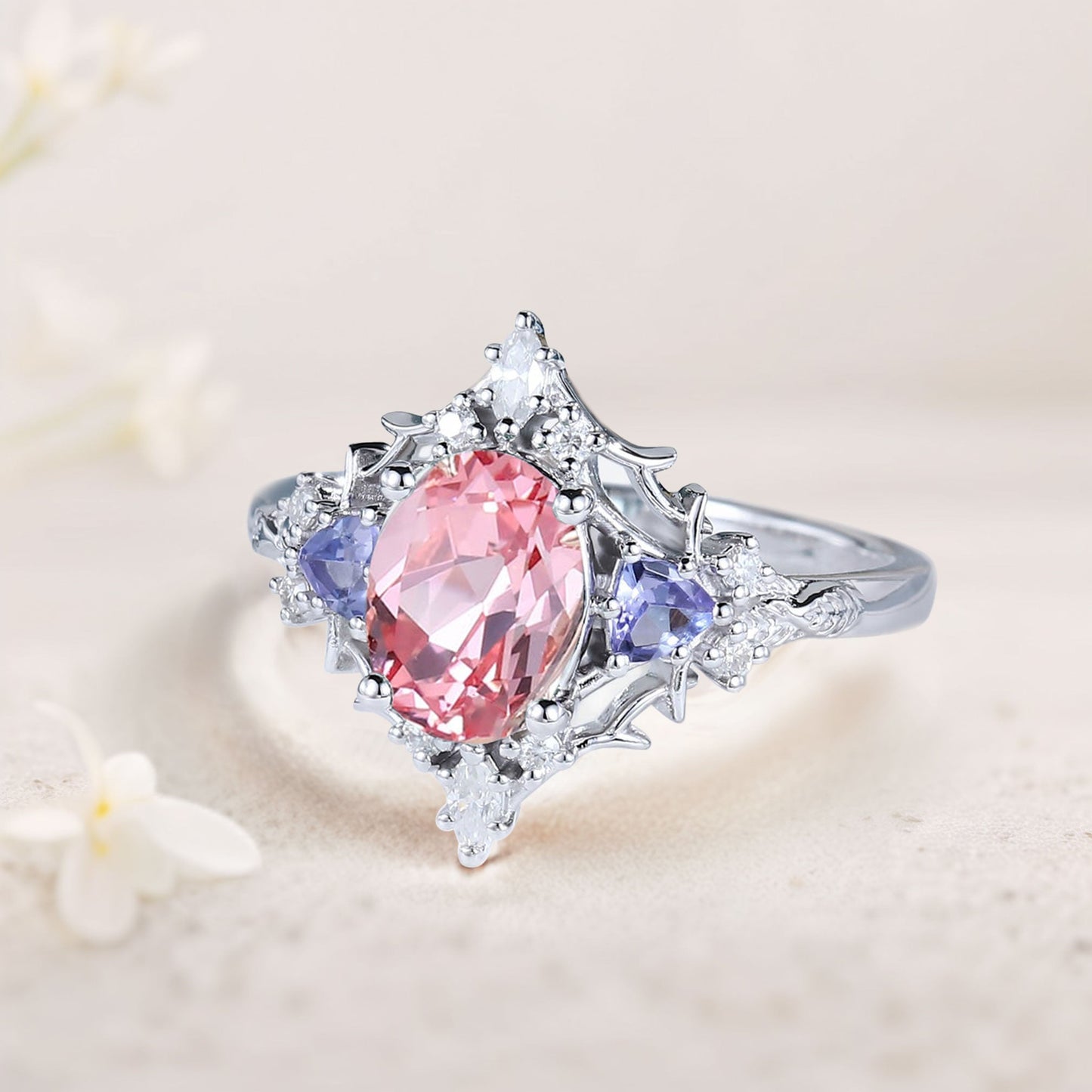 Vintage Briar Rose Oval Pink Lab Padparadscha Engagement Ring Filigree Ring