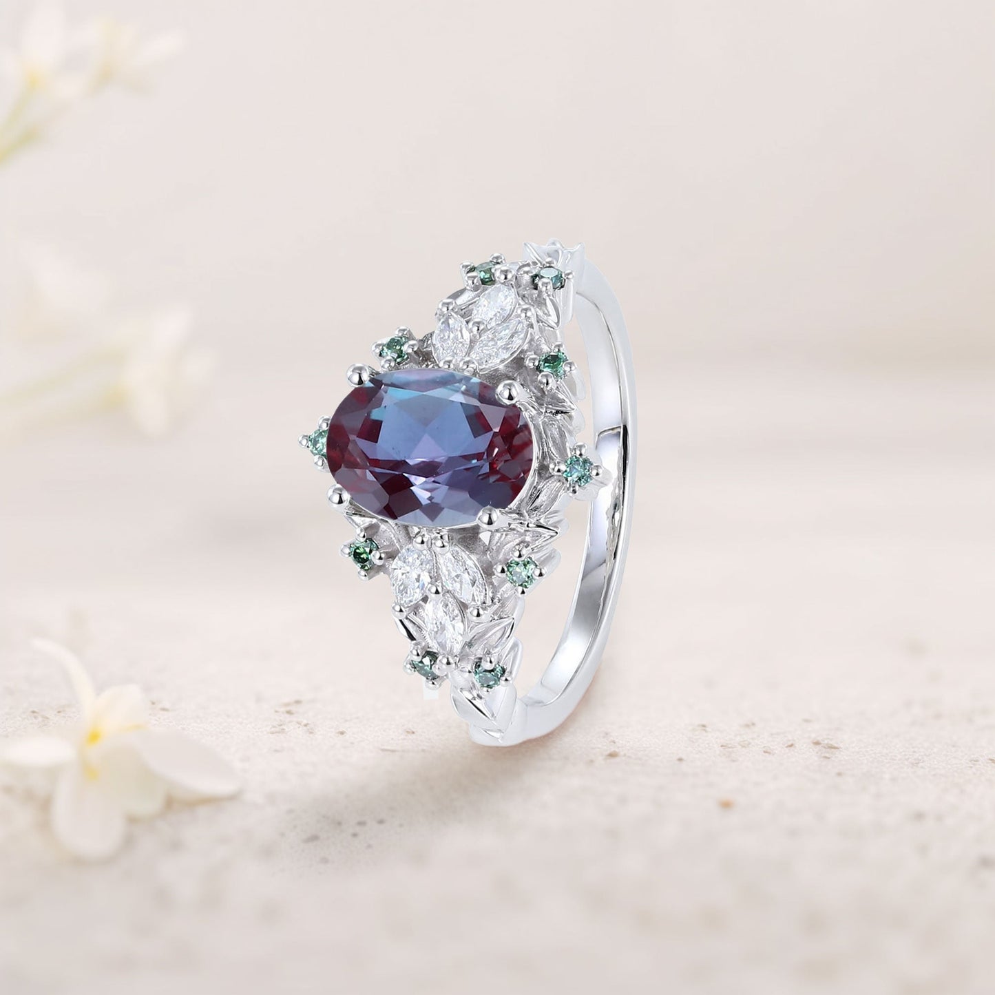 Unique Starlight Oval Lab Alexandrite Engagement Ring