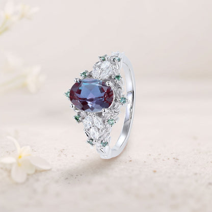 Unique Starlight Oval Lab Alexandrite Engagement Ring