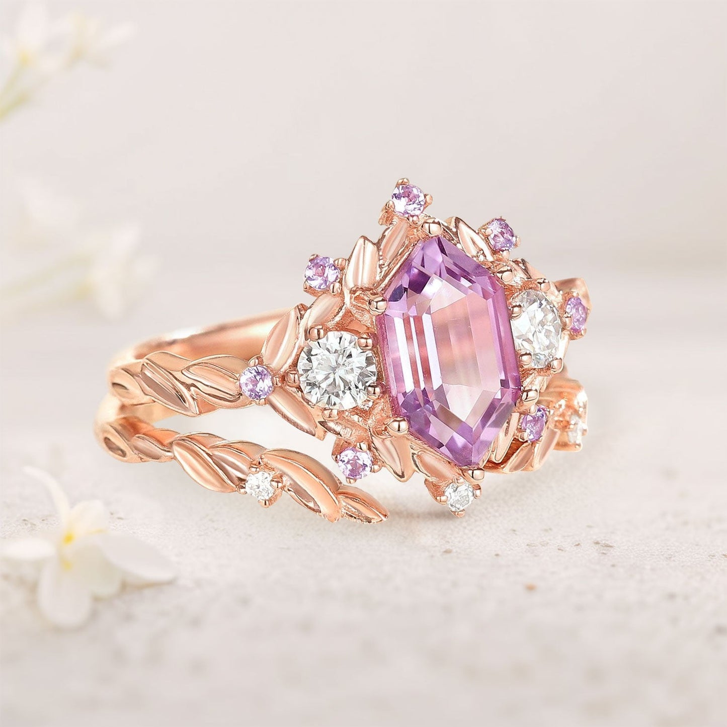 Unique floral engagement rings long hexagon Lab Padparadscha and amethyst cluster wedding ring set