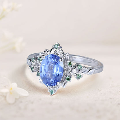 Vintage Briar Rose Oval Lab Sapphire Engagement Ring Olive Leaves Ring