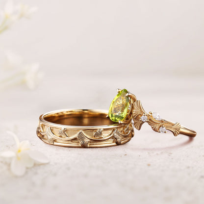 Unique Pear Citrine Couple Promise Engagement Ring Wedding Ring Set