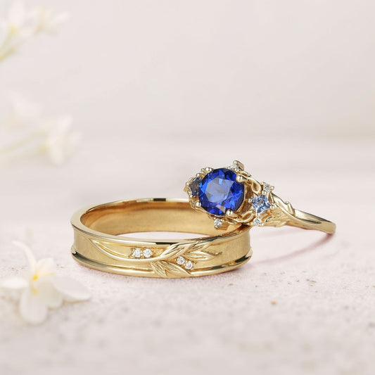 Unique Round Lab Sapphire Promise Ring Engagement Ring Set for Couples