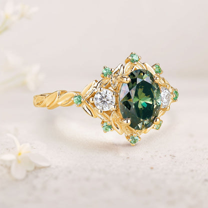 Vintage floral engagement rings Oval Green Moissanite Flower Engagement Ring Halo Promise Ring