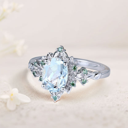 Vintage Briar Rose Oval Lab Aquamarine Engagement Ring Olive Leaves Ring