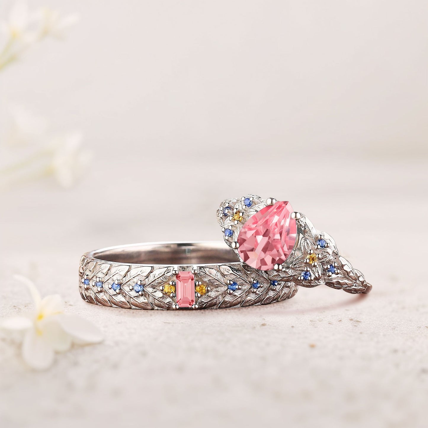 Unique Pear Lab Padparadscha His and Hers Matching Wedding Ring Set