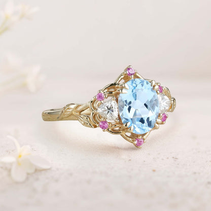 Unique Three Stone Oval Lab Aquamarine Engagement Ring