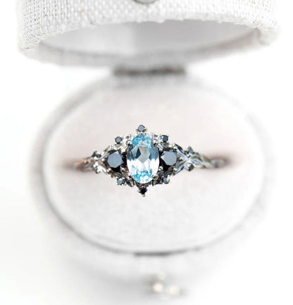 Unique Floral Rose Three Stone Oval Lab Topaz and Black Moissanite Ring