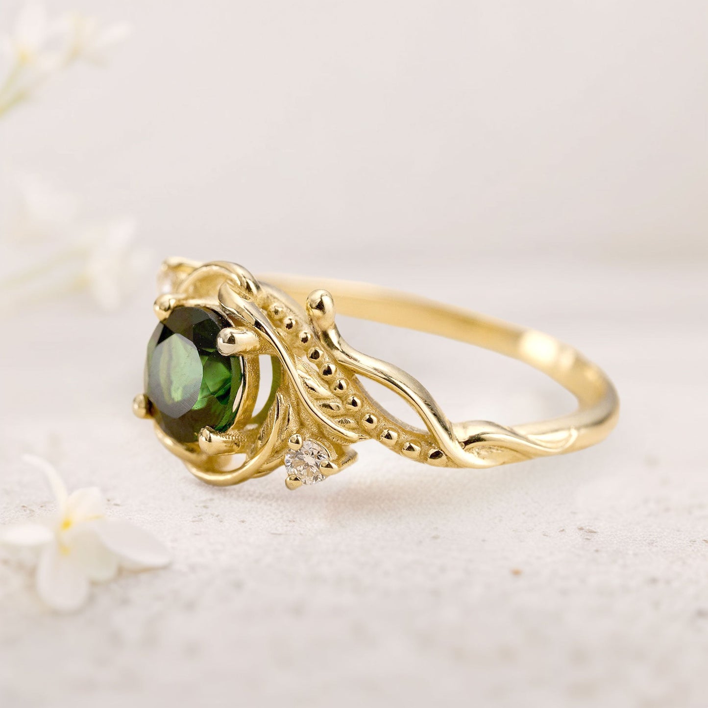 Unique floral engagement rings Round Nature Inspired Green Tourmaline Engagement Ring