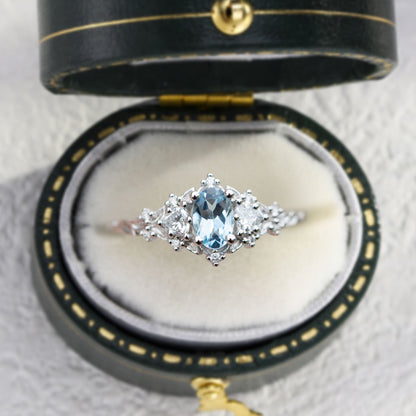 Unique Briar Rose Three Stone Oval Lab Aquamarine Ring