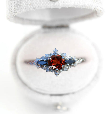 Unique Briar Rose Round Lab Garnet and Black Moissanite Ring