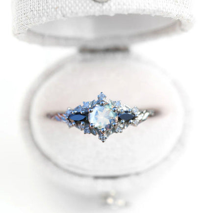 Unique Briar Rose Round Lab Moonstone and Black Moissanite Ring