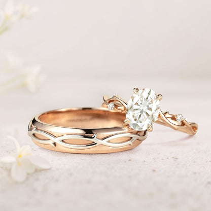 Unique Leaf Design Vine Oval Moissanite Couple’s Ring Set