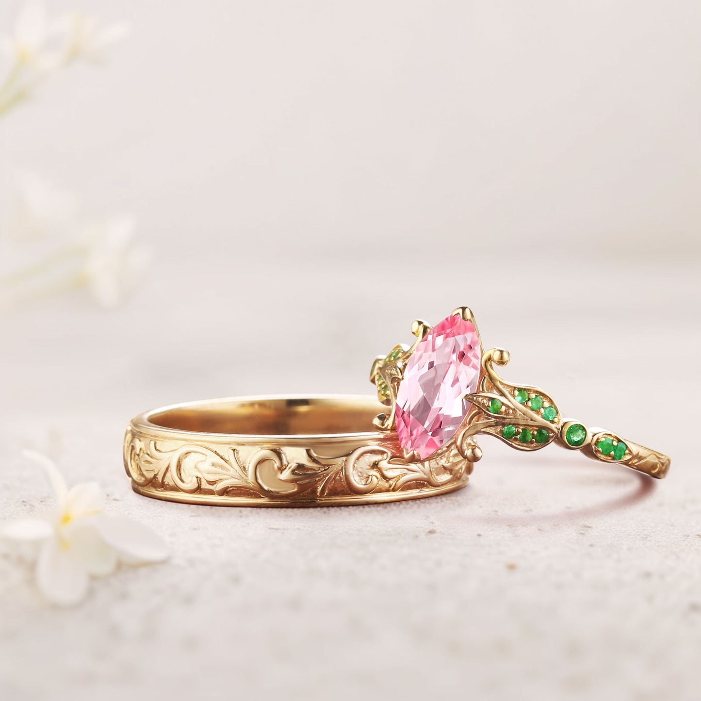 Vintage Marquise Lab Padparadscha Couple Promise Engagement Ring Set