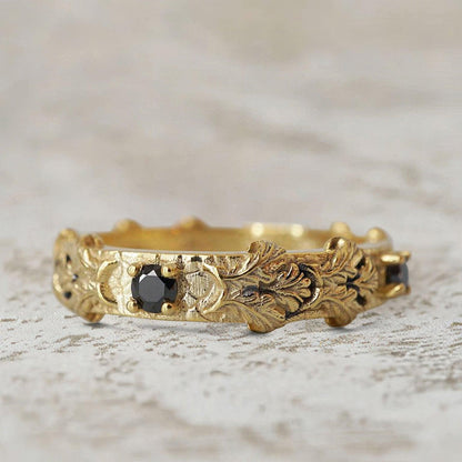 Unique Gothic Acanthus Round Lab Black Onyx Ring Band For Men