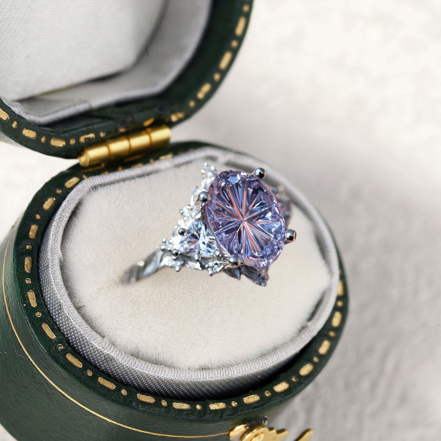 Unique Briar Rose Three Stone Starbrite Cut Oval Purple Lab Sapphire Ring