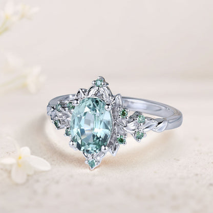 Vintage Briar Rose Oval Green Lab Sapphire Engagement Ring Olive Leaves Ring
