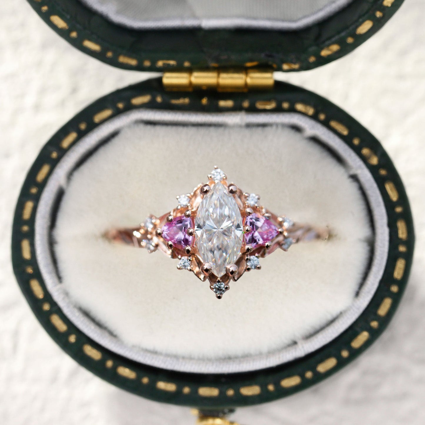 Unique Briar Rose Marquise Moissanite and Pink Lab Sapphire Ring