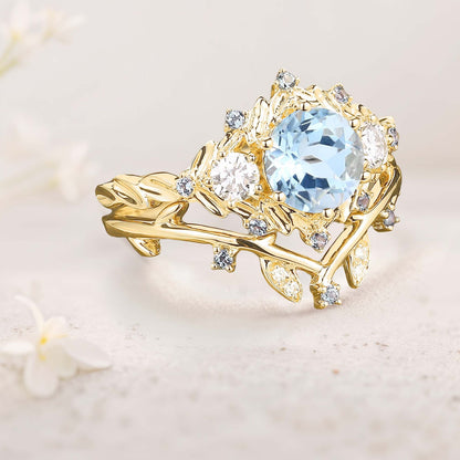 Unique floral engagement rings Round Lab Aquamarine Leaf Engagement Ring Set