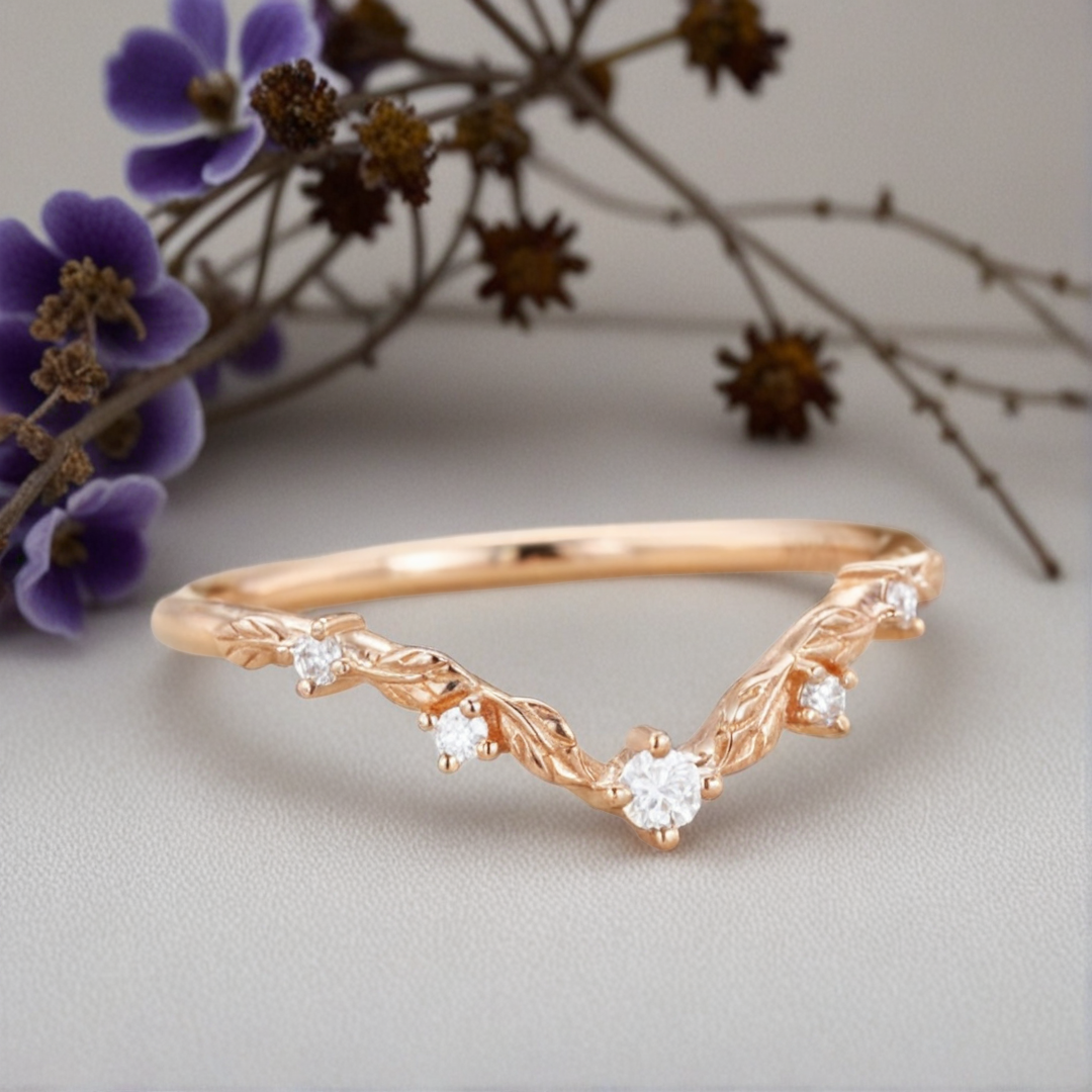 Unique Round Moissanite Wedding Band Art-deco Leaf Moissanite Engagement Ring