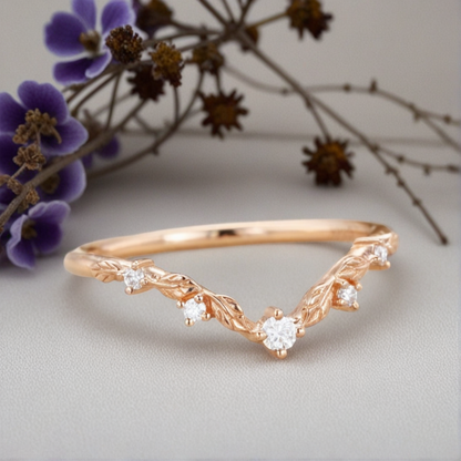 Unique Round Moissanite Wedding Band Art-deco Leaf Moissanite Engagement Ring