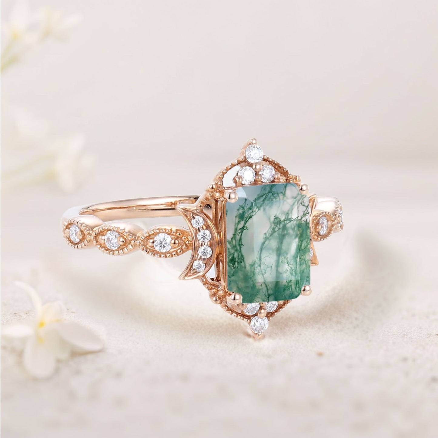 Vintage Emerald cut Moss Agate Engagement Ring Whimsical Charm Bridal Ring