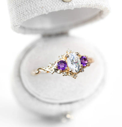 Unique Celeste Rose Oval Moissanite and Lab Amethyst Ring