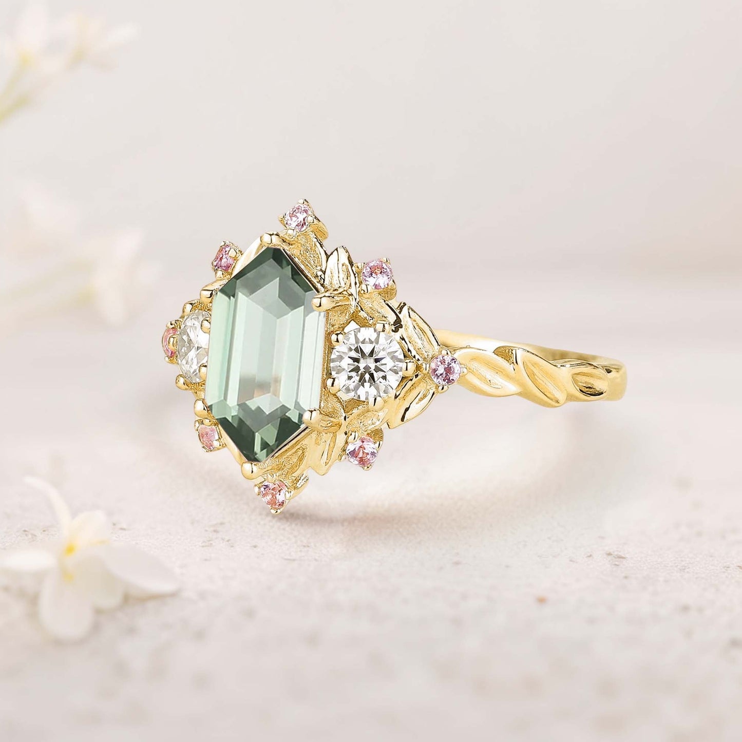 Unique Long Hexagon Green Lab Sapphire Cluster Wedding Ring Promise Ring For Women