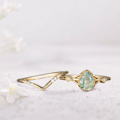 Unique Pear Moss Agate Bridal Ring Set