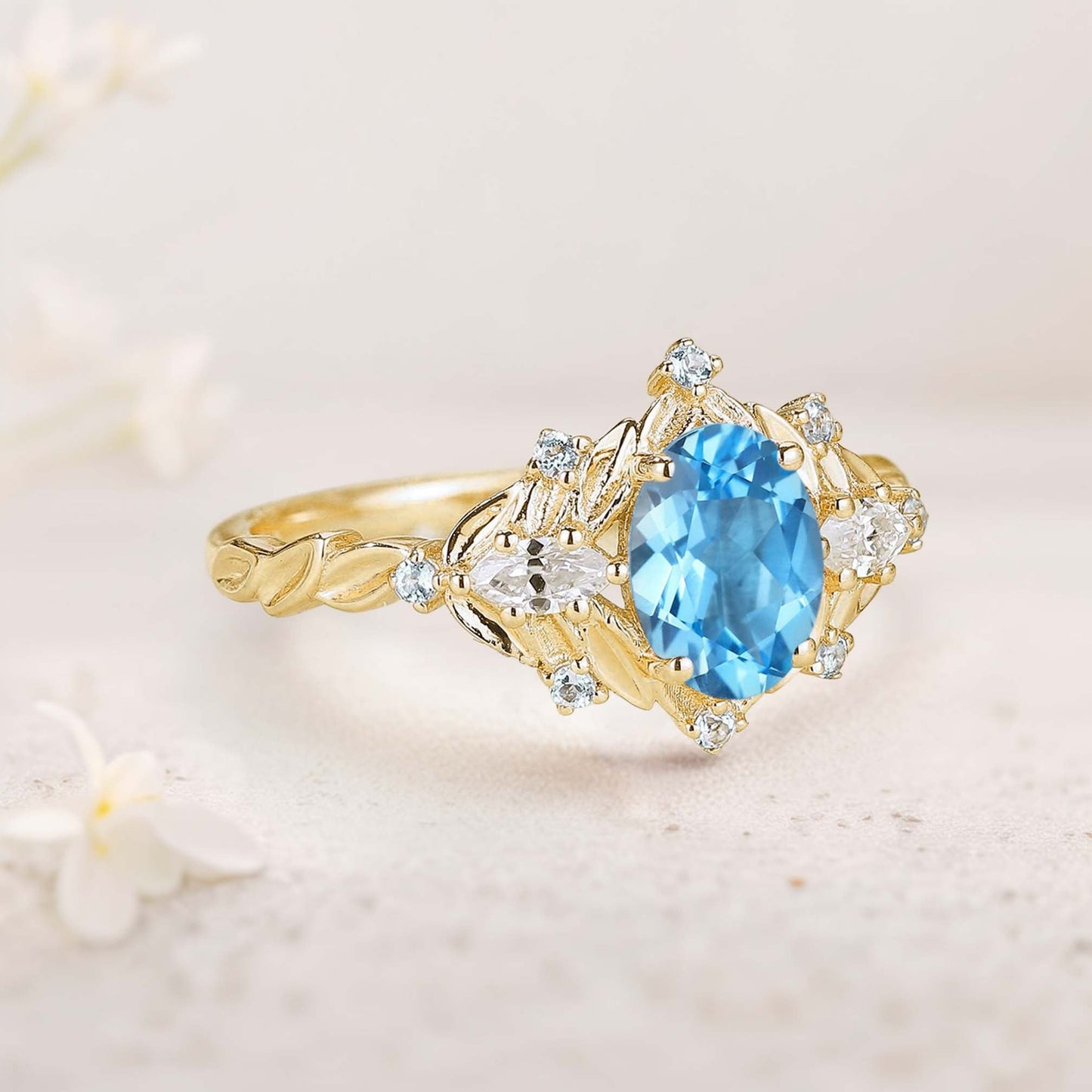 Unique floral engagement rings Oval Blue Lab Topaz Cluster Wedding Ring Fairy Engagement Ring