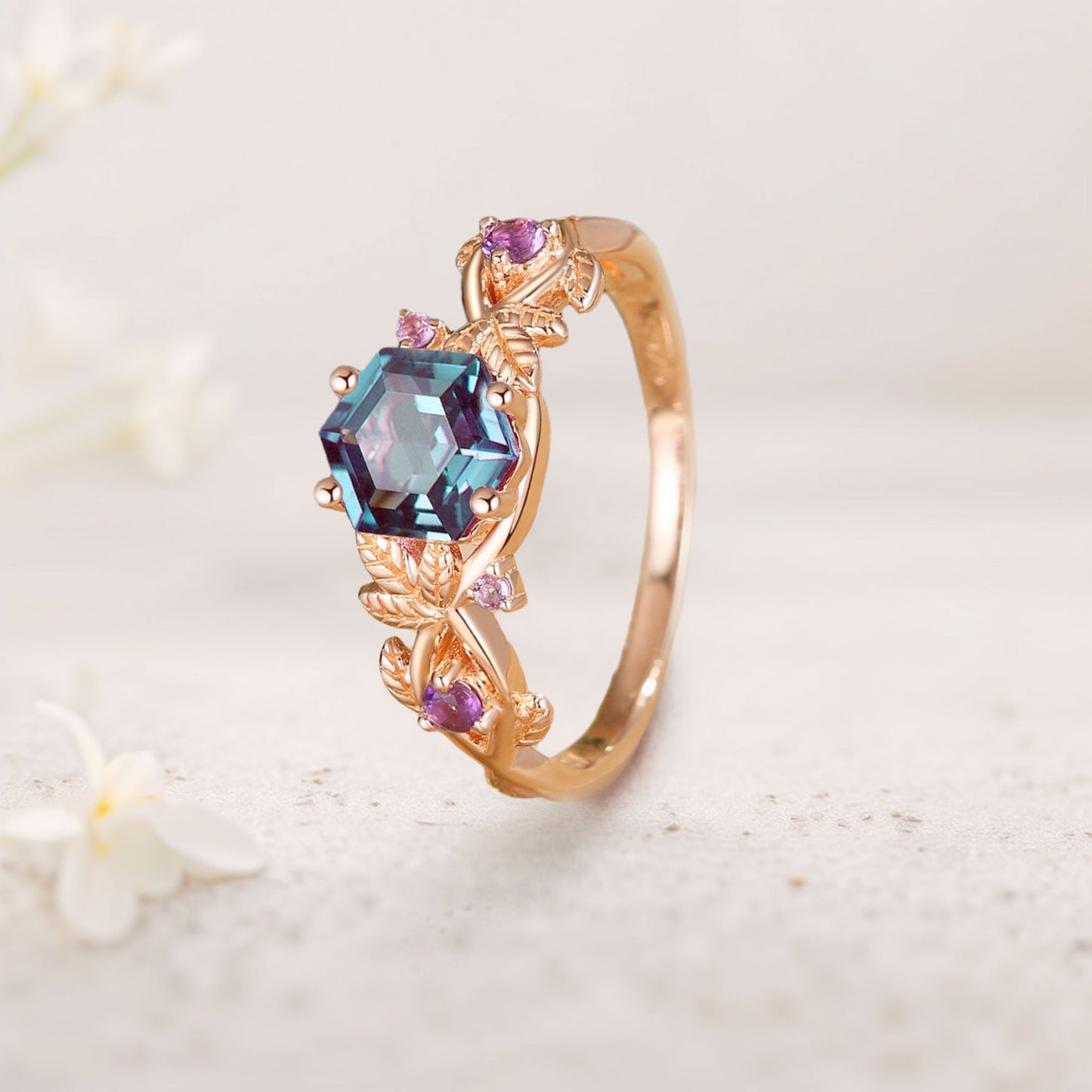 Unique floral engagement rings Hexagon Lab Alexandrite Leafy Engagement Ring