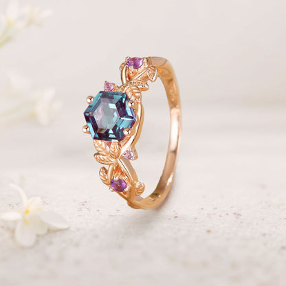 Unique floral engagement rings Hexagon Lab Alexandrite Leafy Engagement Ring