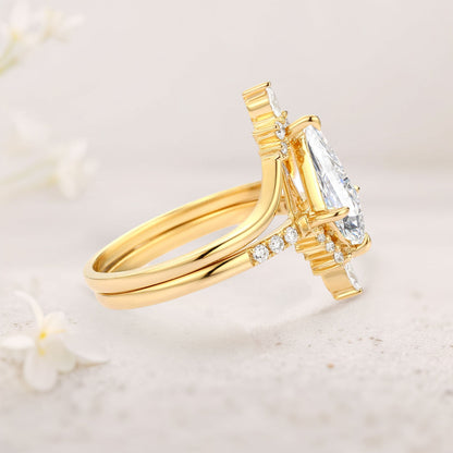 Unique floral engagement rings Moissanite Curved Engagement Ring Set