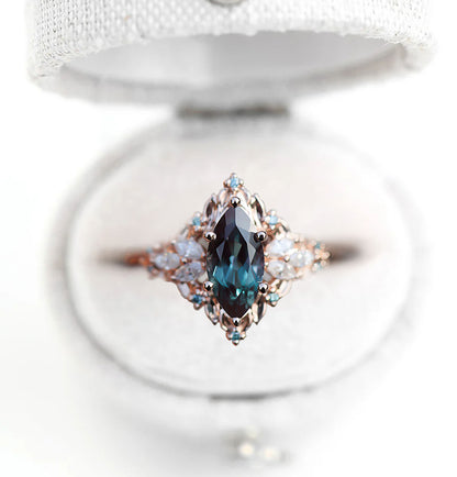 Unique Floral Rose Starlight Marquise Lab Alexandrite Ring