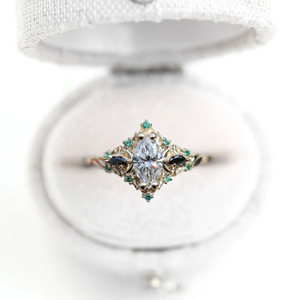 Unique Briar Moon Three Stone Marquise Moissanite and Lab Emerald Ring