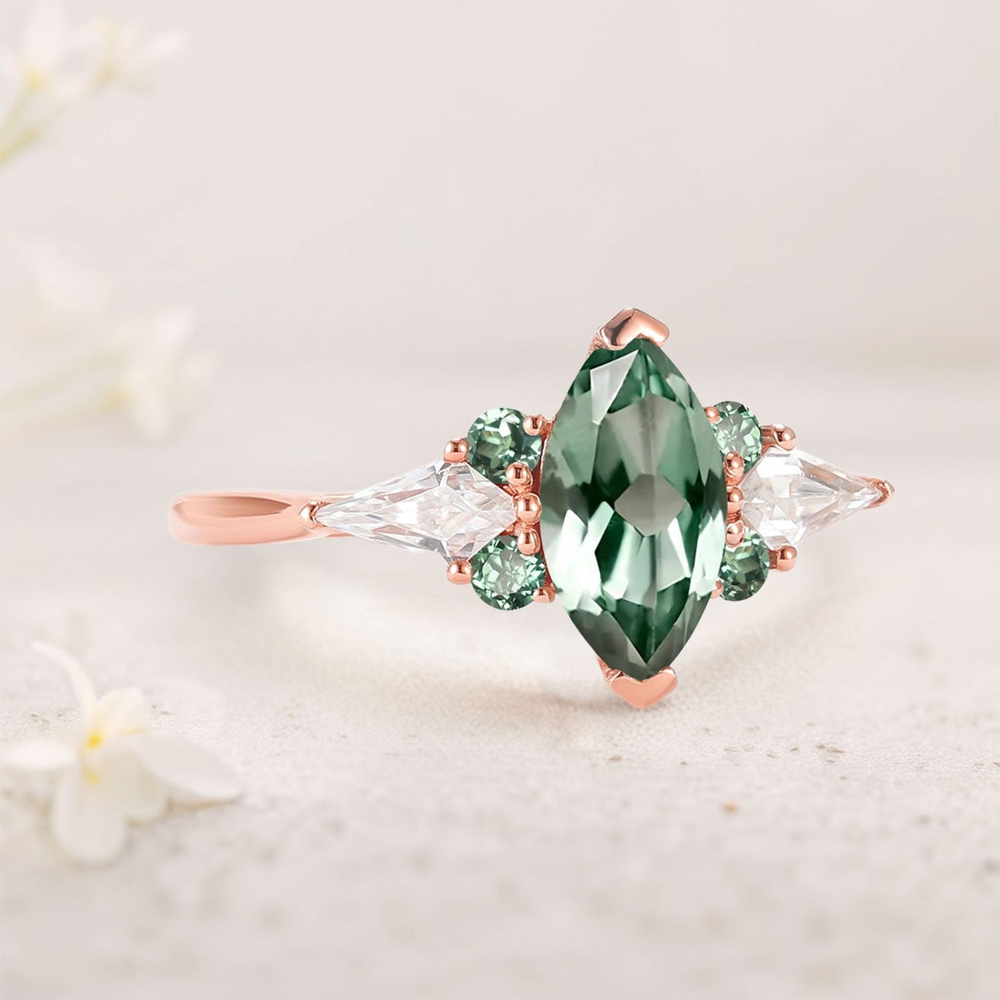 Unique Cluster Marquise Green Lab Sapphire Seven Gemstone Ring