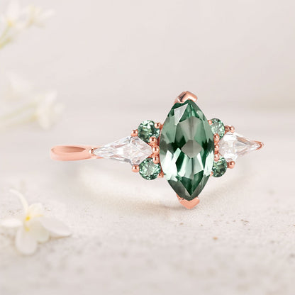 Unique Cluster Marquise Green Lab Sapphire Seven Gemstone Ring