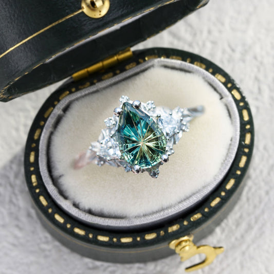 Unique Briar Rose Starbrite Cut Pear Green Lab Sapphire Ring