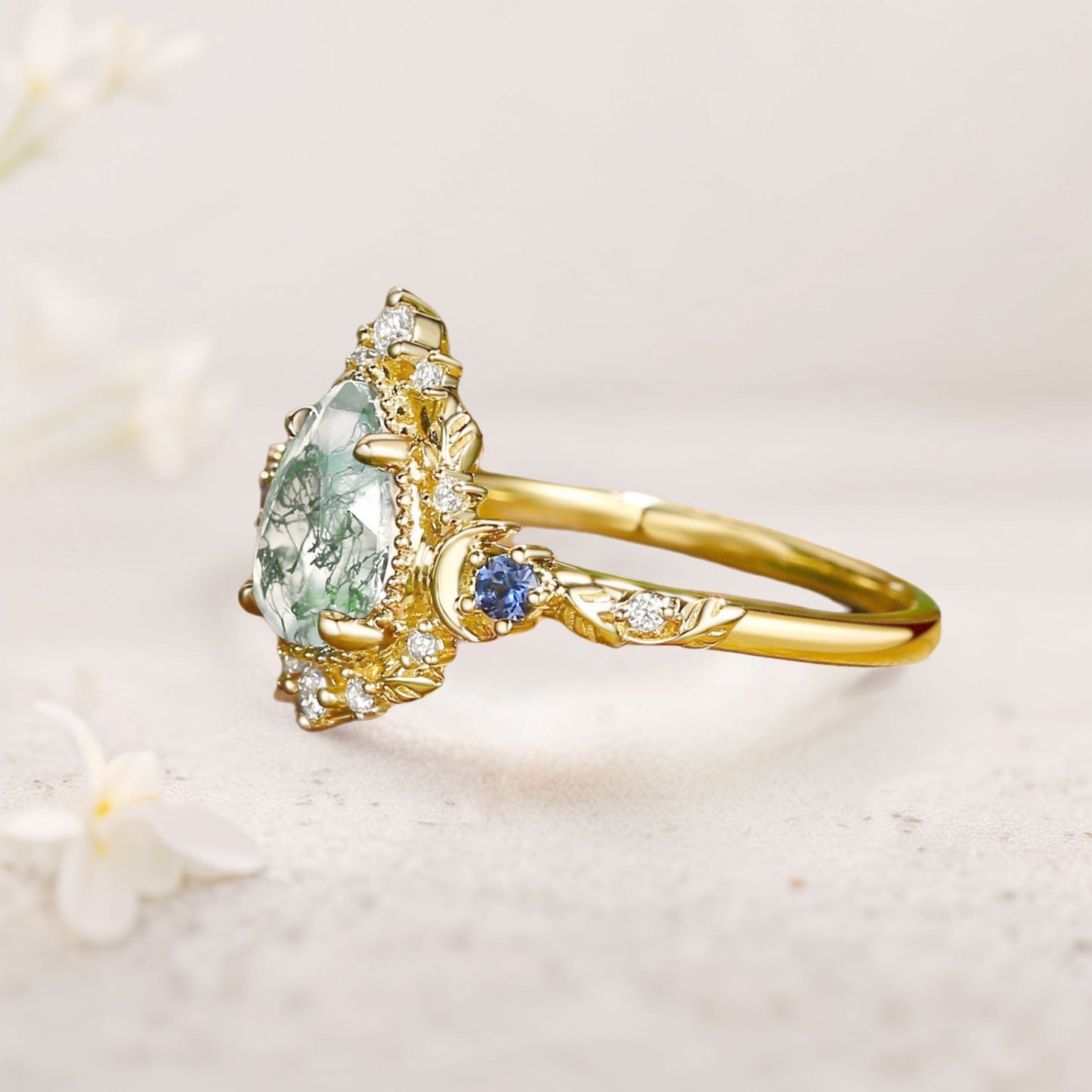 Unique floral engagement rings Moonlight Pear Moss Agate Engagement Ring