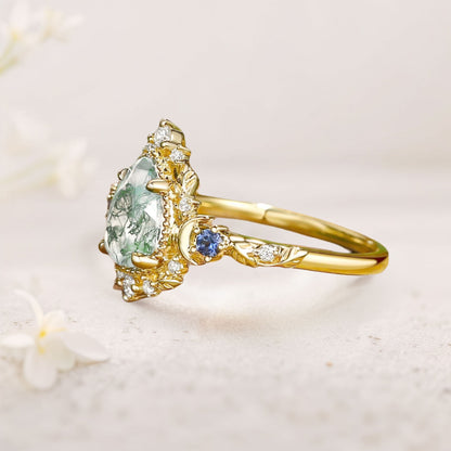 Unique floral engagement rings Moonlight Pear Moss Agate Engagement Ring