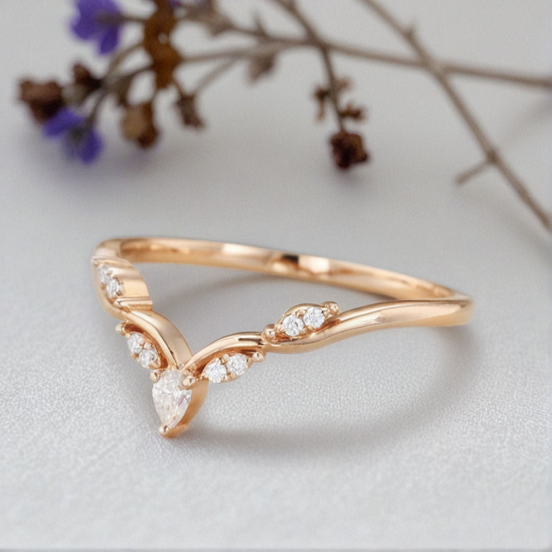 Unique Pear Moissanite Wedding Band Leaf Moissanite Engagement Ring