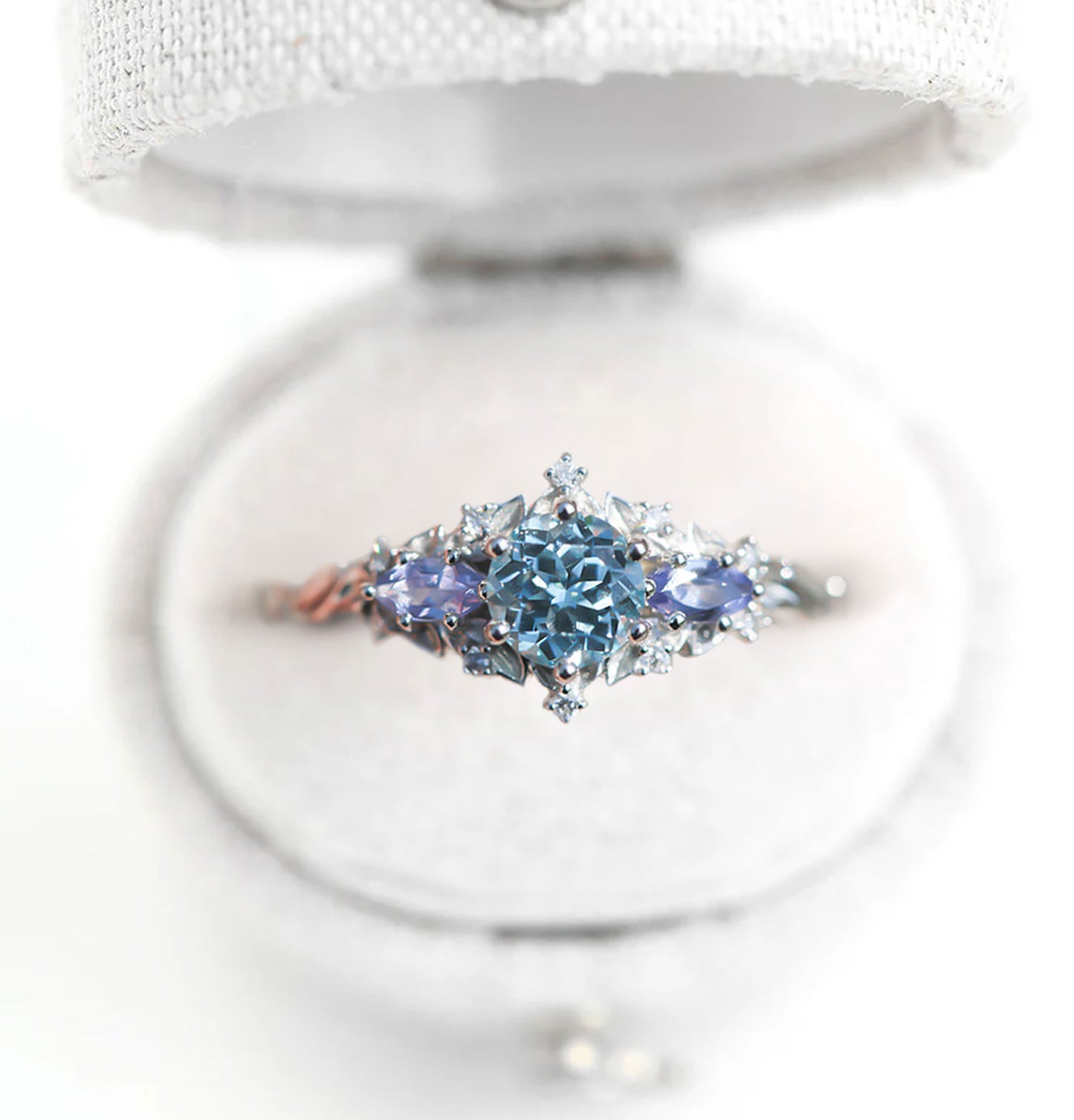 Unique Celeste Rose Three Stone Round Lab Aquamarine Ring