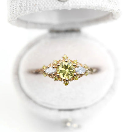 Unique Floral Rose Three Stone Round Citrine Ring