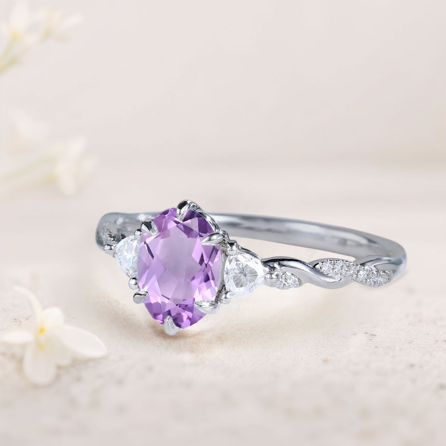 Unique Three Stone Oval Amethyst Ring  Engagement Ring