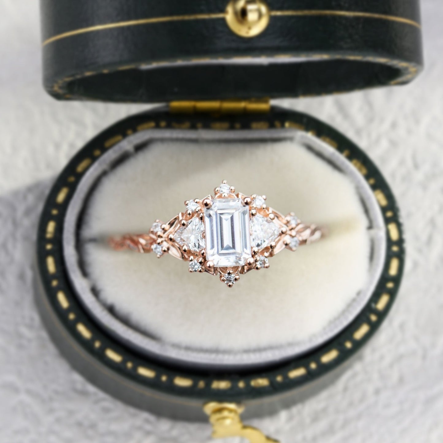 Unique Briar Rose Three Stone Emerald cut Moissanite Ring