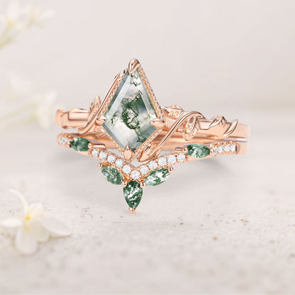 Unique floral engagement rings Vine Kite Moss Agate Leafy Engagement Ring Set